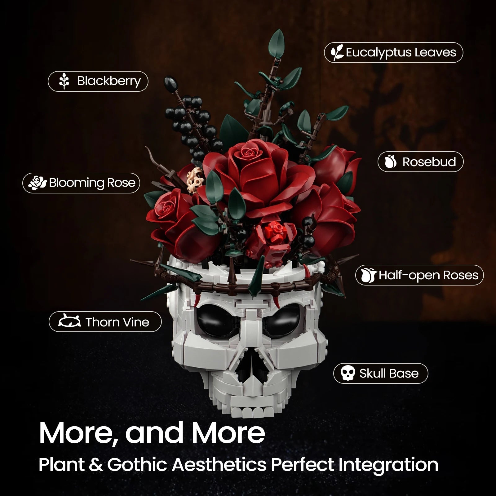 Gothic Skull Flowers Building Blocks Set - Halloween Decor & Gifts - silverfoxgoods